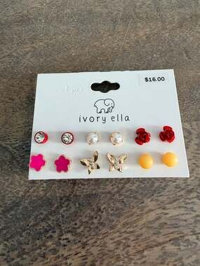 New Ivory Ella Girls 6 Pair Stud Earring Set Flowers Pearls Rhinestones
